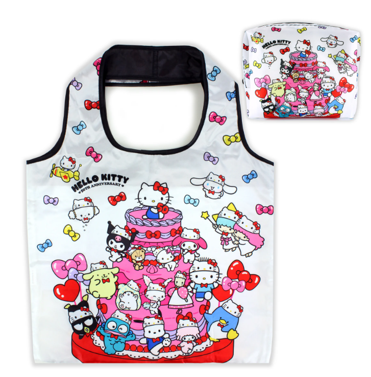 Hello Kitty 50th Anniversary Eco Bag with Pouch, featuring a Party Cake Pattern. Spacious, foldable, and perfect for travel.