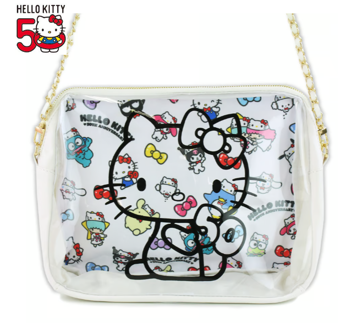 Limited edition Hello Kitty shoulder bag with clear PVC fabric and Sanrio characters. Stylish and spacious for all your essentials.