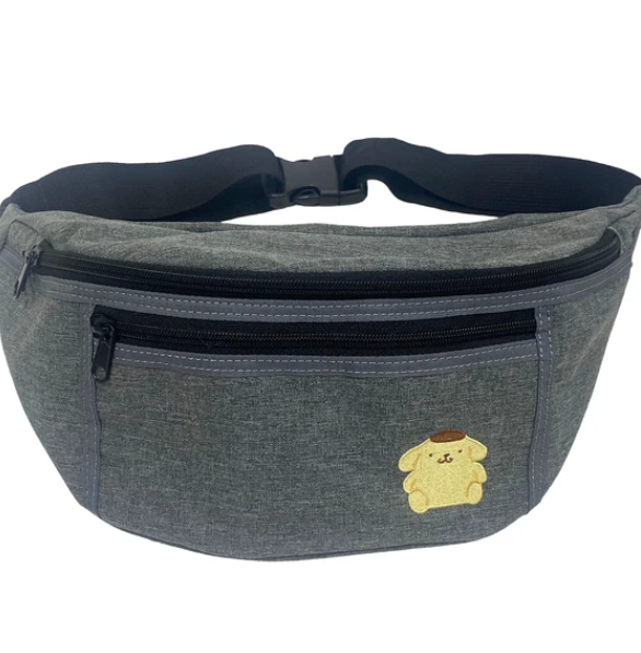 Sanrio Pompompurin waist bag with adjustable shoulder belt, featuring a secure W fastener and external zipper pocket.