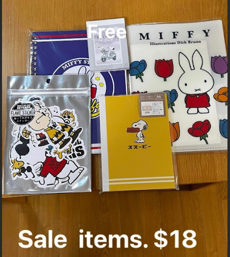 Japanese stationery set including Falke Sticker, Miffy, Kamio Pitats Folder, Baby Snoopy, and Retro Eslite, brand new condition.