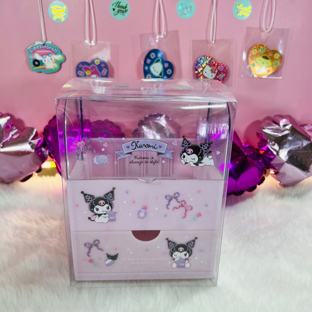 Organize your cosmetics and accessories in style with the Sanrio Hello Kitty & Kuromi Desk Organizer and Mini Drawer with Lid.