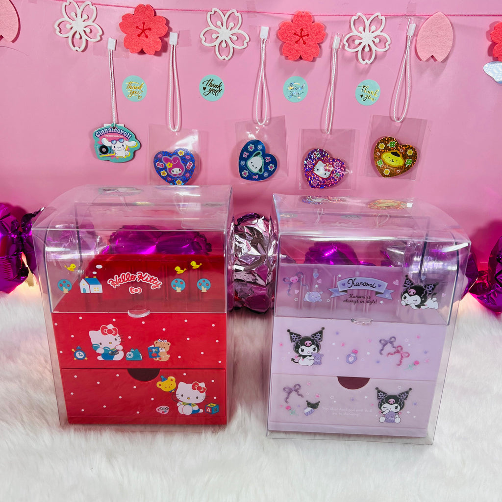 Sanrio Hello Kitty and Kuromi Desk Organizer and Mini Drawer, perfect for storing cosmetics and accessories with kawaii charm.